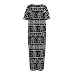 Black And White Indian Elephant Print Short Sleeve Long Nightdress
