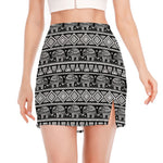 Black And White Indian Elephant Print Side Slit Mini Skirt