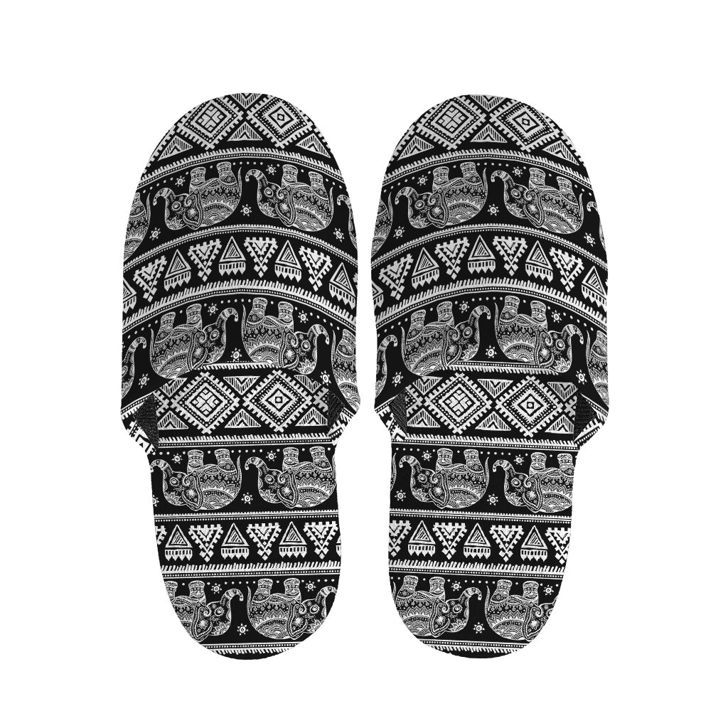 Black And White Indian Elephant Print Slippers