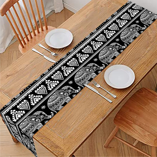 Black And White Indian Elephant Print Table Runner