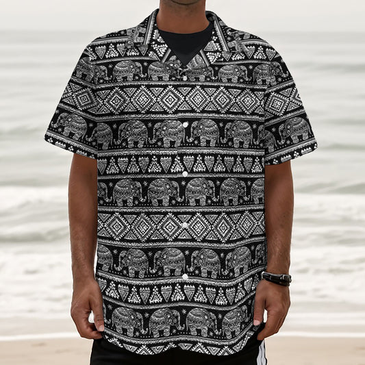 Black And White Indian Elephant Print Textured Short Sleeve Shirt
