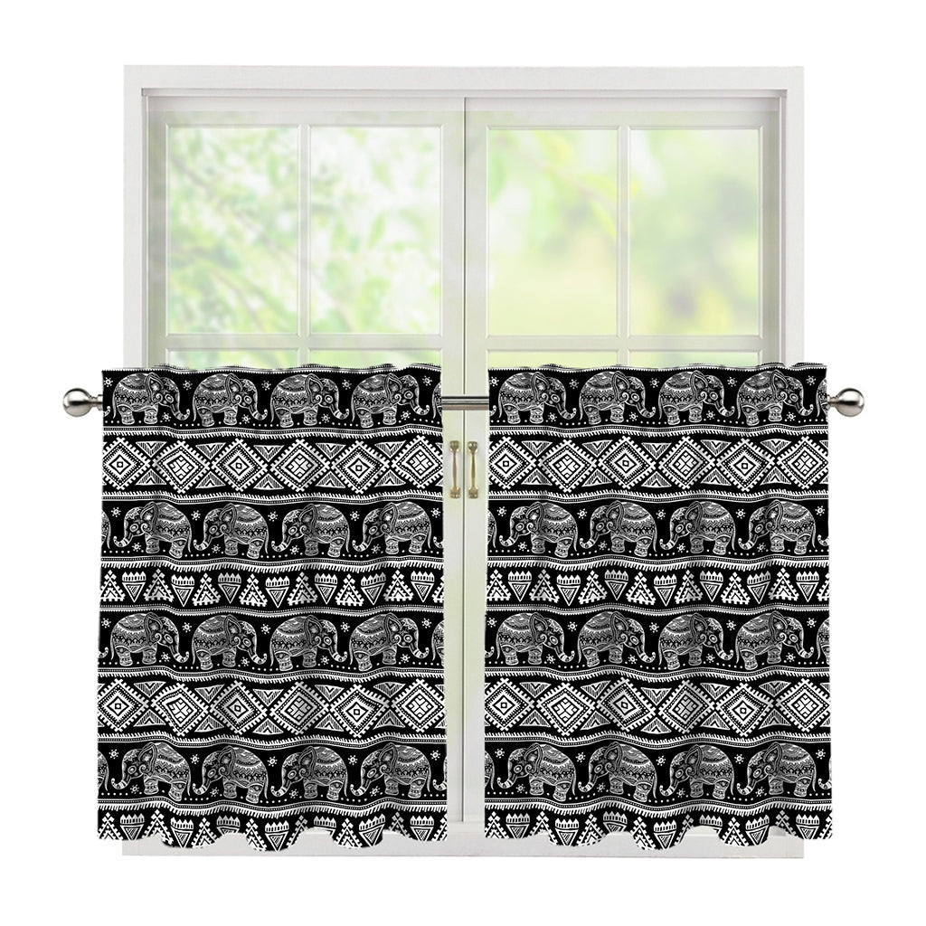 Black And White Indian Elephant Print Tier Curtains