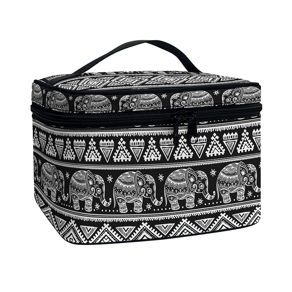 Black And White Indian Elephant Print Travel Makeup Bag
