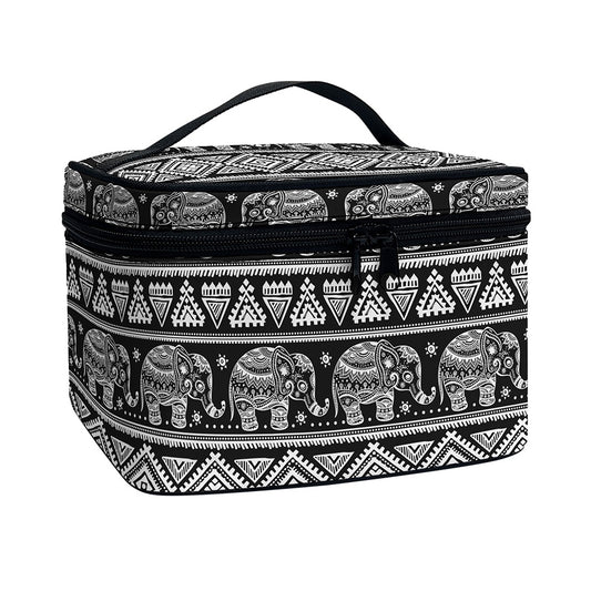 Black And White Indian Elephant Print Travel Makeup Bag