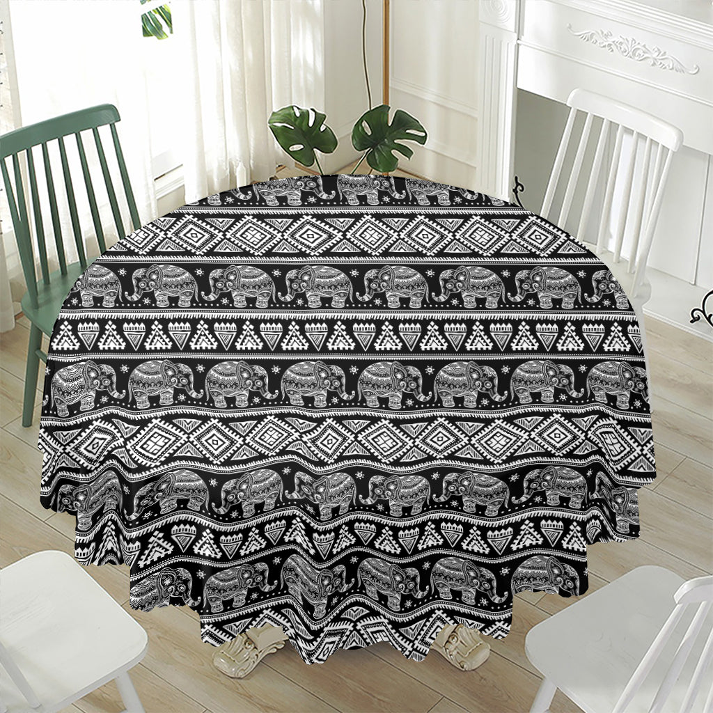 Black And White Indian Elephant Print Waterproof Round Tablecloth