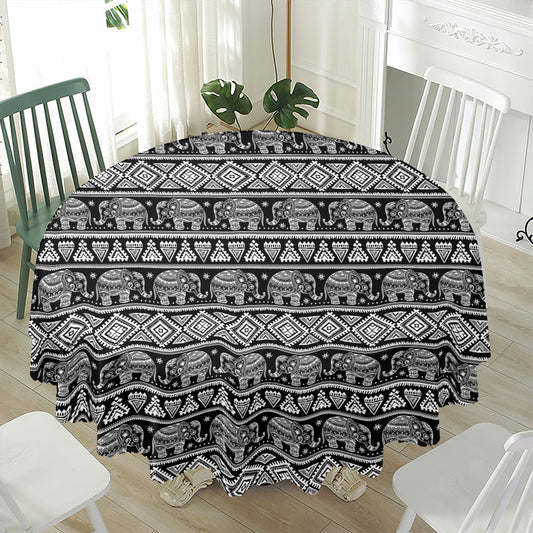 Black And White Indian Elephant Print Waterproof Round Tablecloth