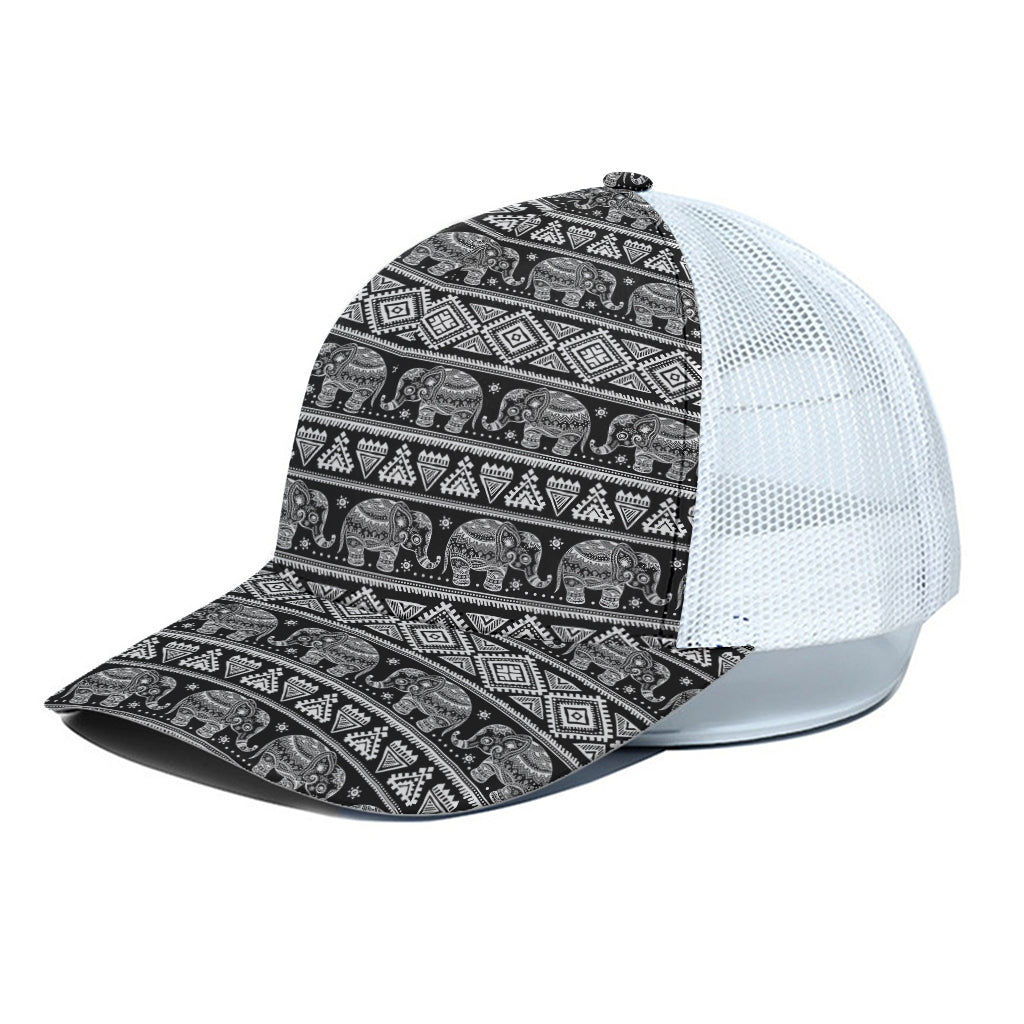 Black And White Indian Elephant Print White Mesh Trucker Cap
