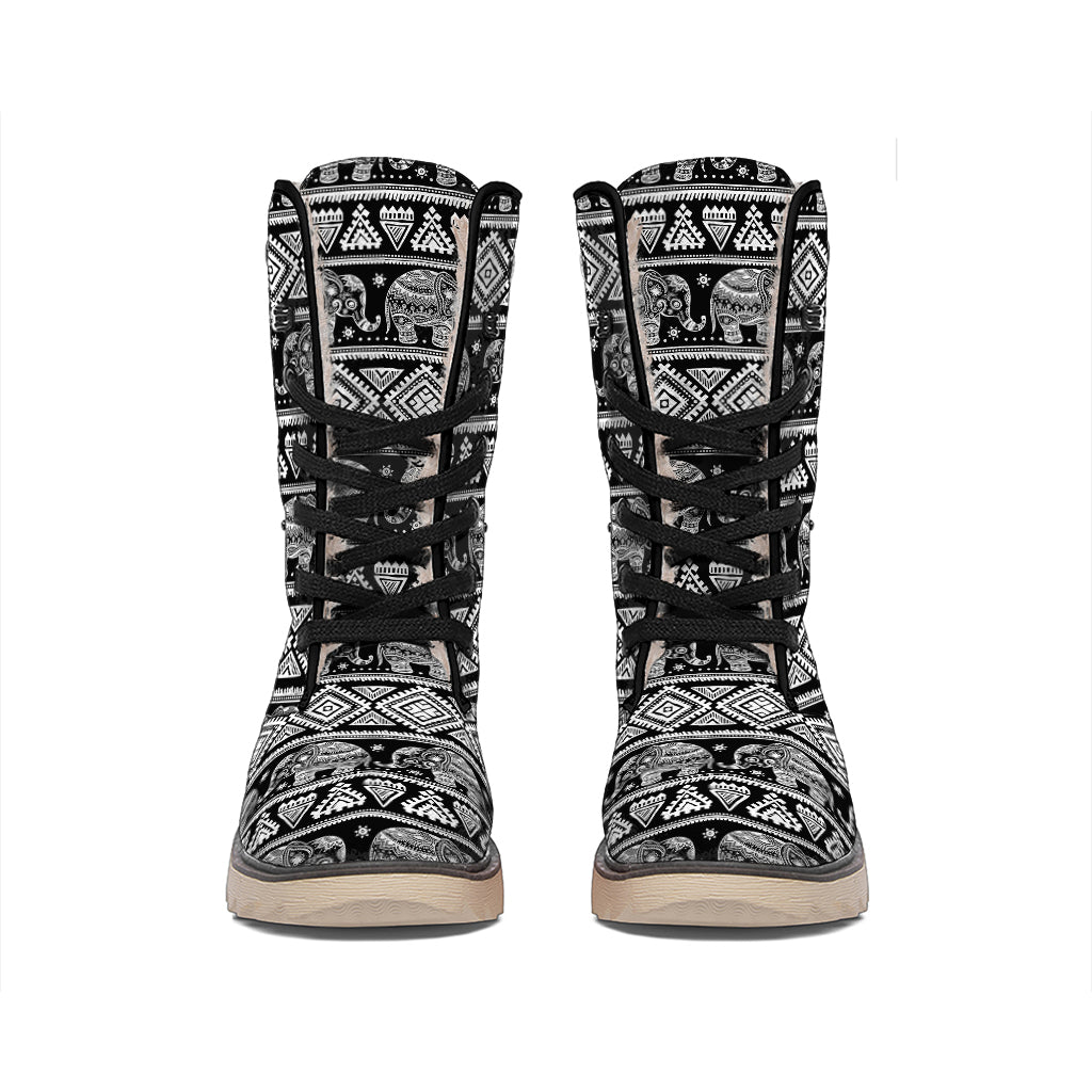 Black And White Indian Elephant Print Winter Boots