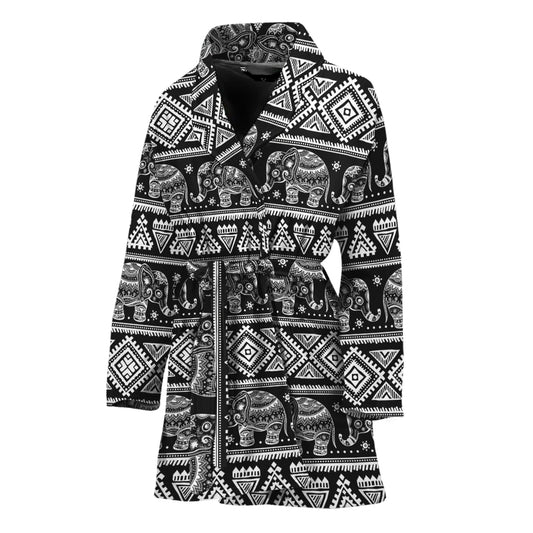 Black And White Indian Elephant Print Women's Bathrobe