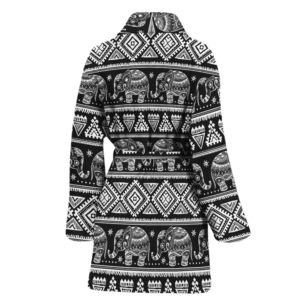 Black And White Indian Elephant Print Women's Bathrobe
