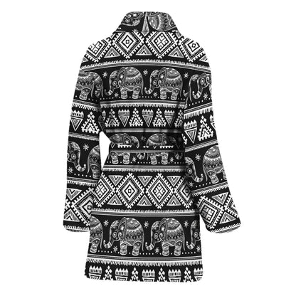 Black And White Indian Elephant Print Women's Bathrobe