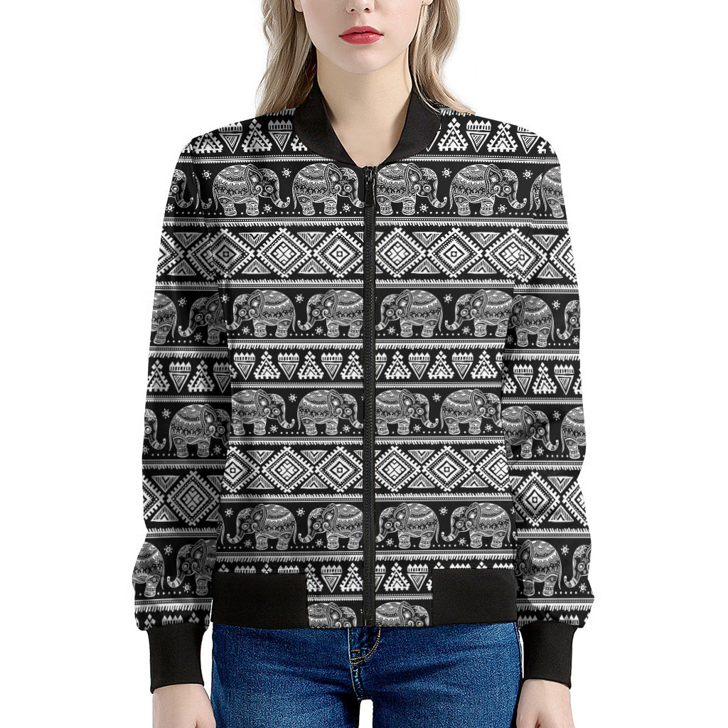 Black And White Indian Elephant Print Women's Bomber Jacket