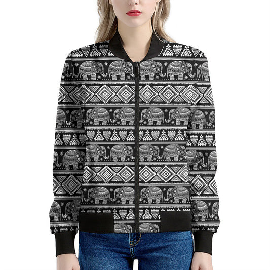 Black And White Indian Elephant Print Women's Bomber Jacket