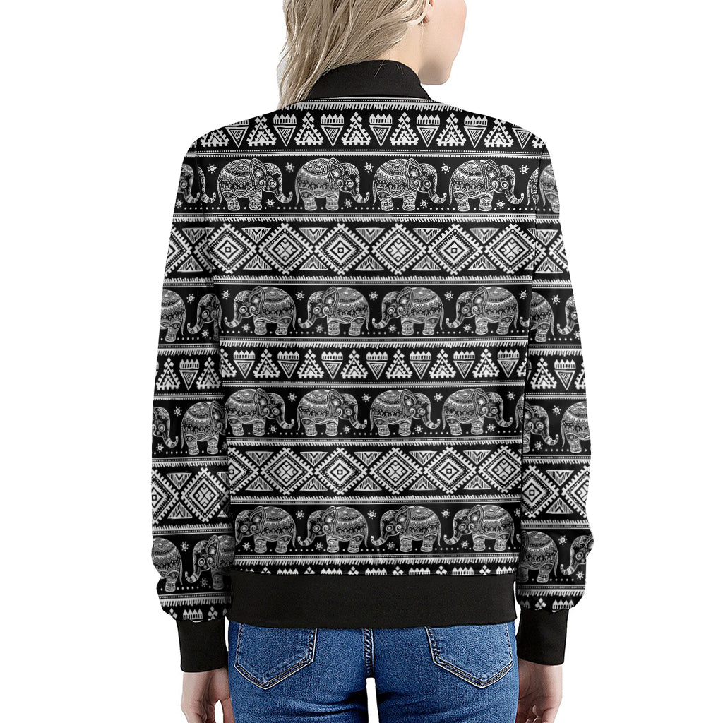 Black And White Indian Elephant Print Women's Bomber Jacket