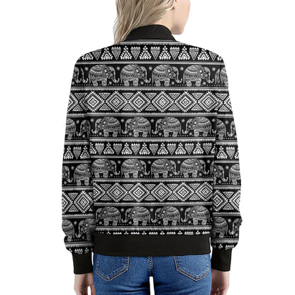 Black And White Indian Elephant Print Women's Bomber Jacket