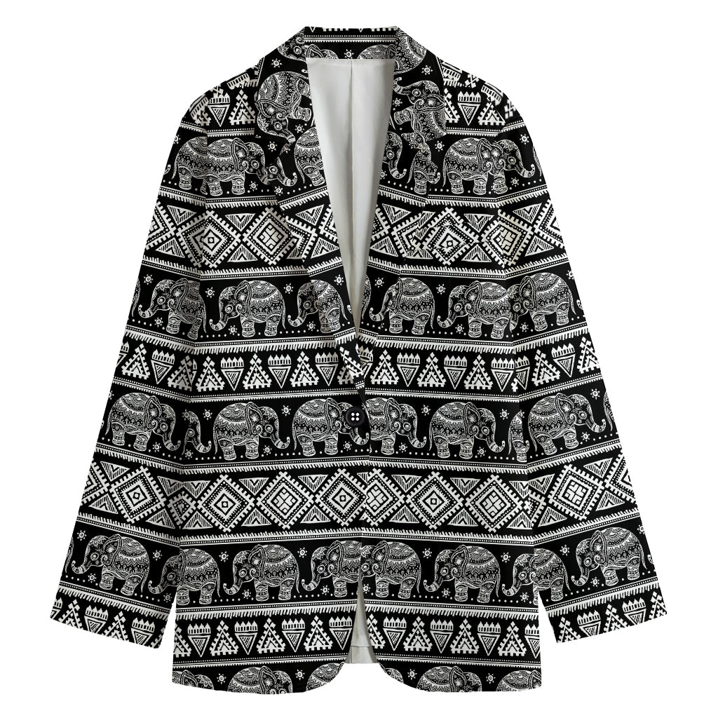 Black And White Indian Elephant Print Women's Cotton Blazer