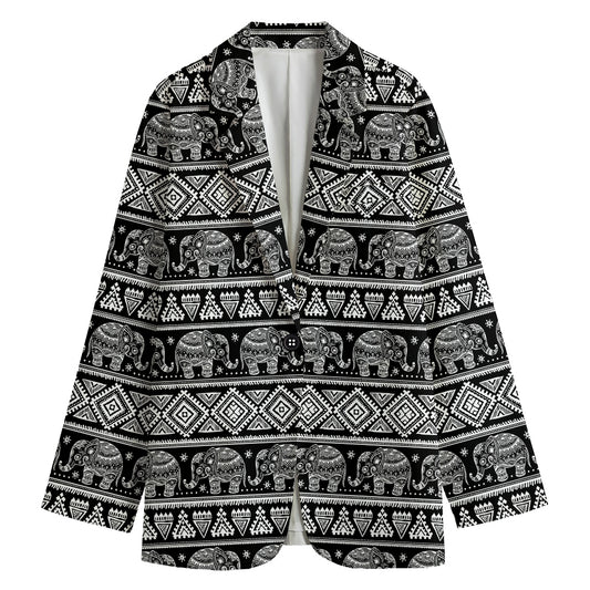 Black And White Indian Elephant Print Women's Cotton Blazer
