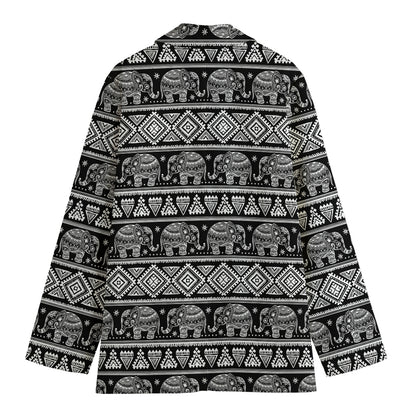 Black And White Indian Elephant Print Women's Cotton Blazer