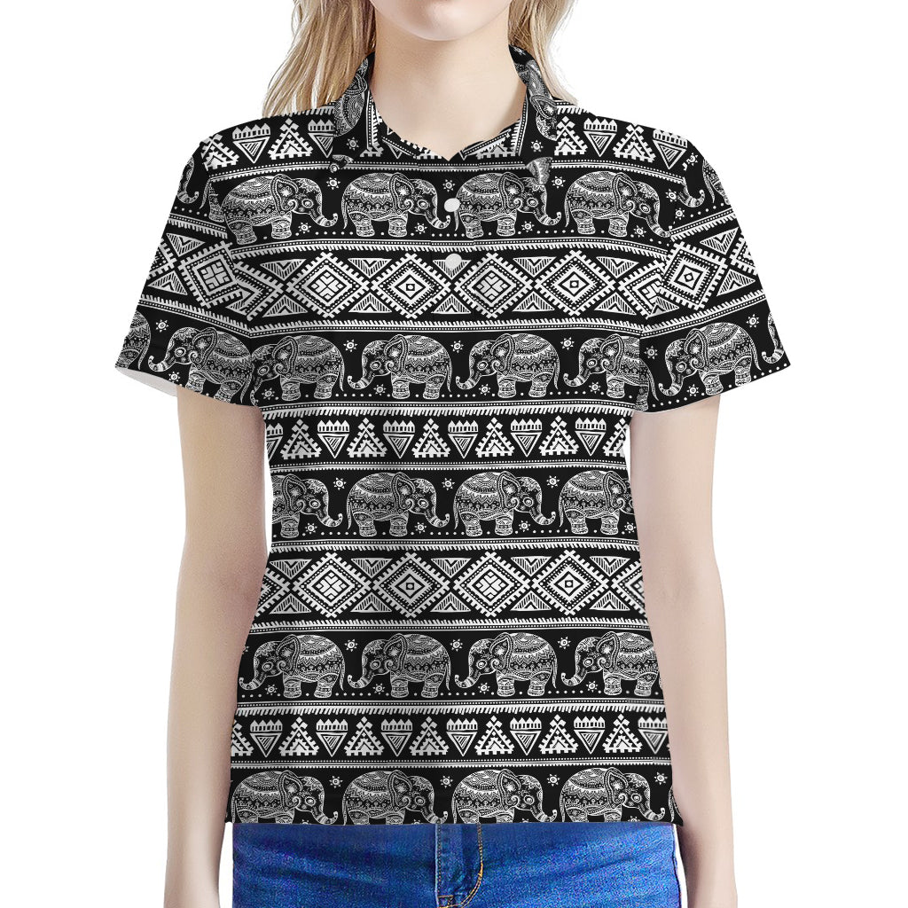 Black And White Indian Elephant Print Women's Polo Shirt