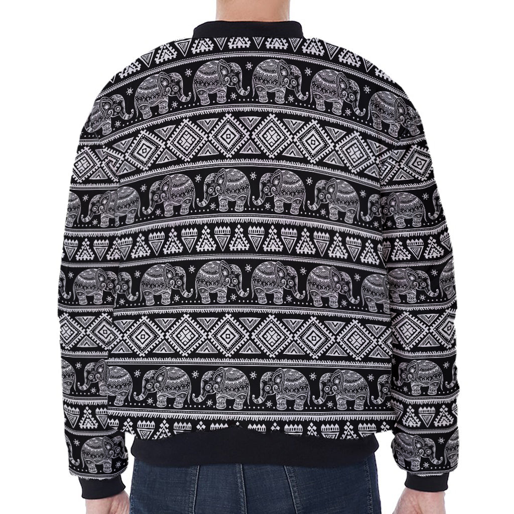 Black And White Indian Elephant Print Zip Sleeve Bomber Jacket
