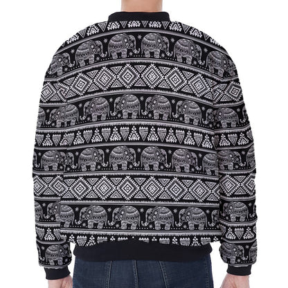 Black And White Indian Elephant Print Zip Sleeve Bomber Jacket
