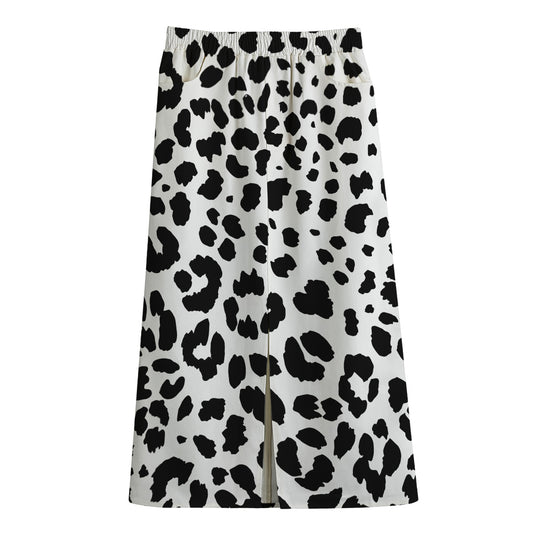 Black And White Jaguar Pattern Print Cotton Front Slit Maxi Skirt