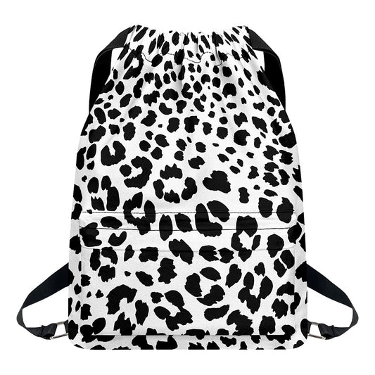 Black And White Jaguar Pattern Print Drawstring Backpack