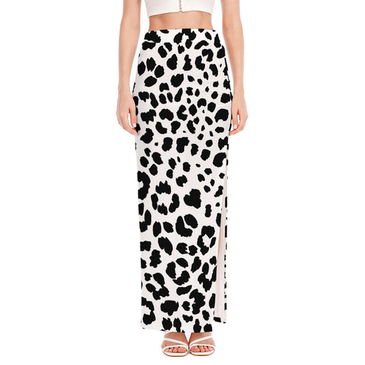 Black And White Jaguar Pattern Print High Slit Maxi Skirt