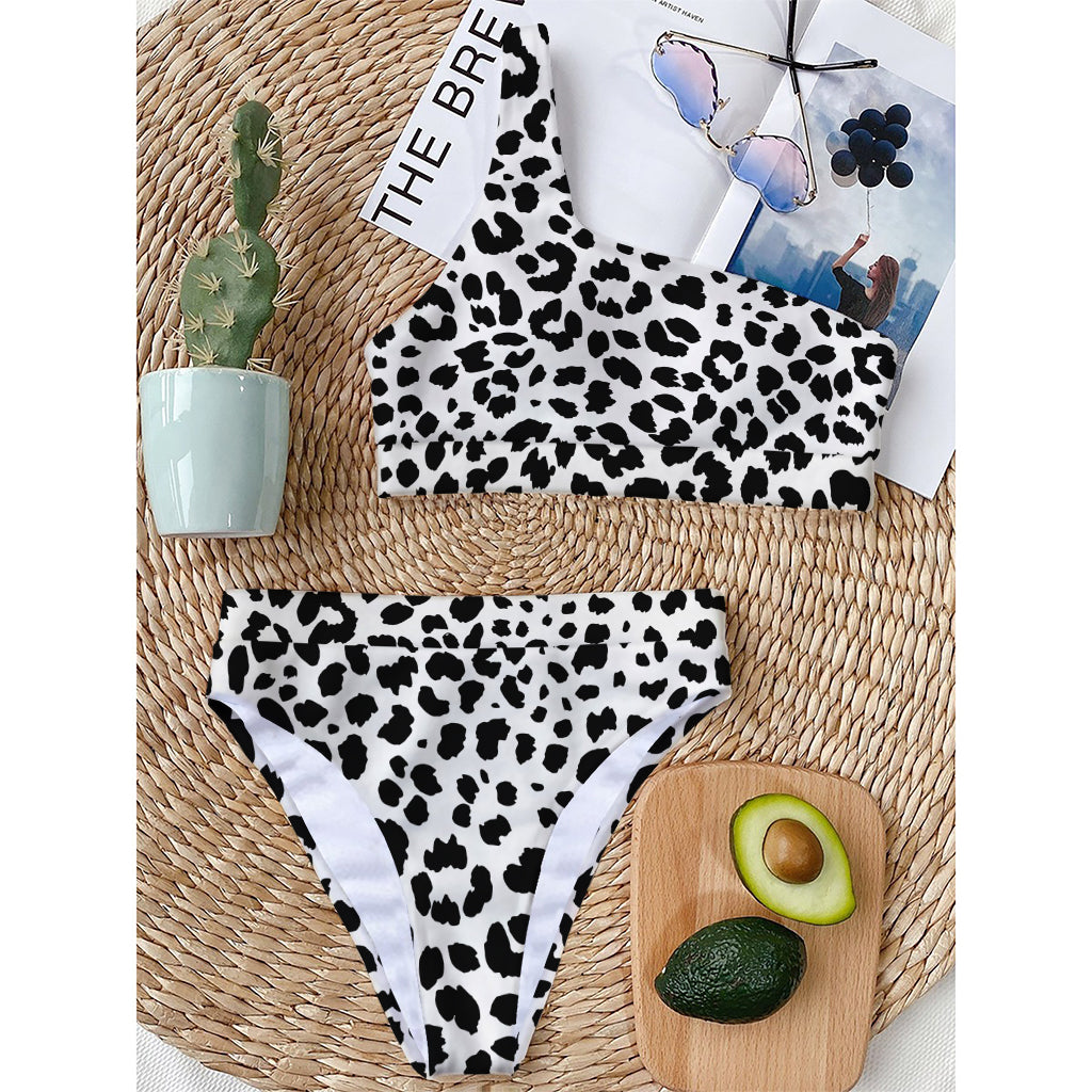 Black And White Jaguar Pattern Print One Shoulder Bikini Top