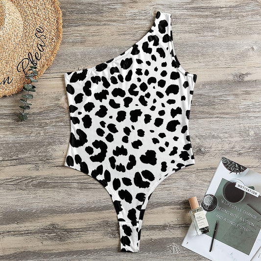 Black And White Jaguar Pattern Print One Shoulder Bodysuit