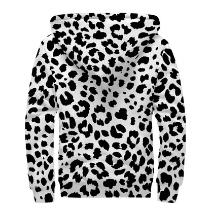 Black And White Jaguar Pattern Print Sherpa Lined Zip Up Hoodie