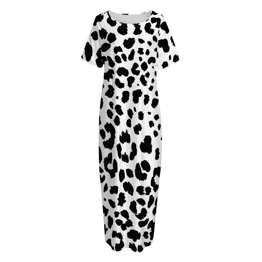 Black And White Jaguar Pattern Print Short Sleeve Long Nightdress