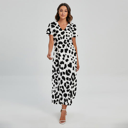 Black And White Jaguar Pattern Print Short Sleeve Maxi Dress