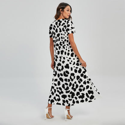 Black And White Jaguar Pattern Print Short Sleeve Maxi Dress
