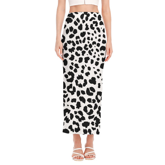 Black And White Jaguar Pattern Print Side Slit Maxi Skirt