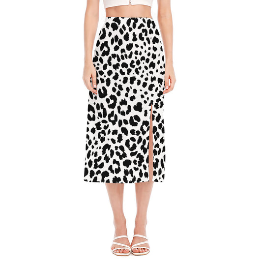 Black And White Jaguar Pattern Print Side Slit Midi Skirt