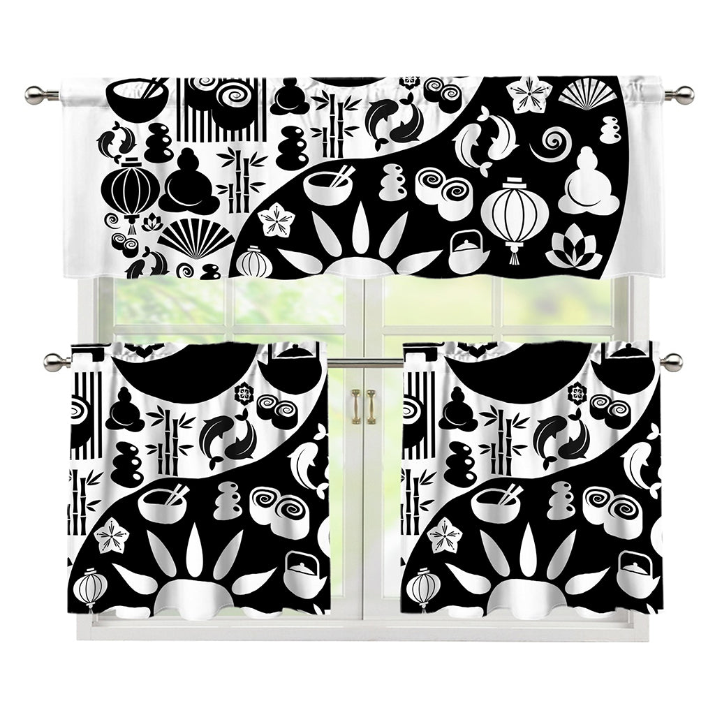 Black And White Japanese Yin Yang Print 3 Piece Kitchen Curtains