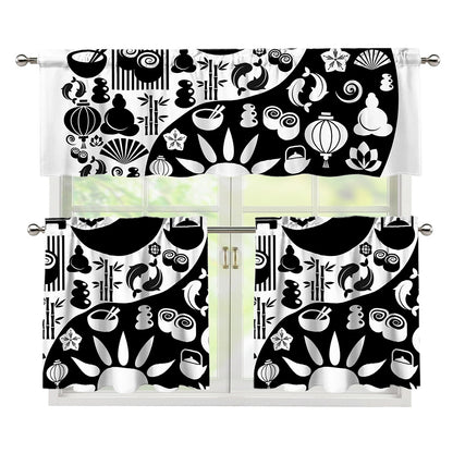 Black And White Japanese Yin Yang Print 3 Piece Kitchen Curtains