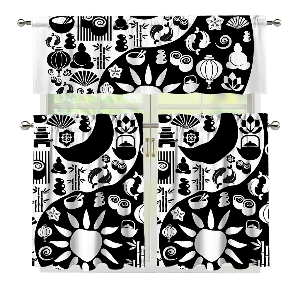 Black And White Japanese Yin Yang Print 3 Piece Kitchen Curtains