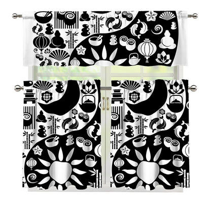 Black And White Japanese Yin Yang Print 3 Piece Kitchen Curtains