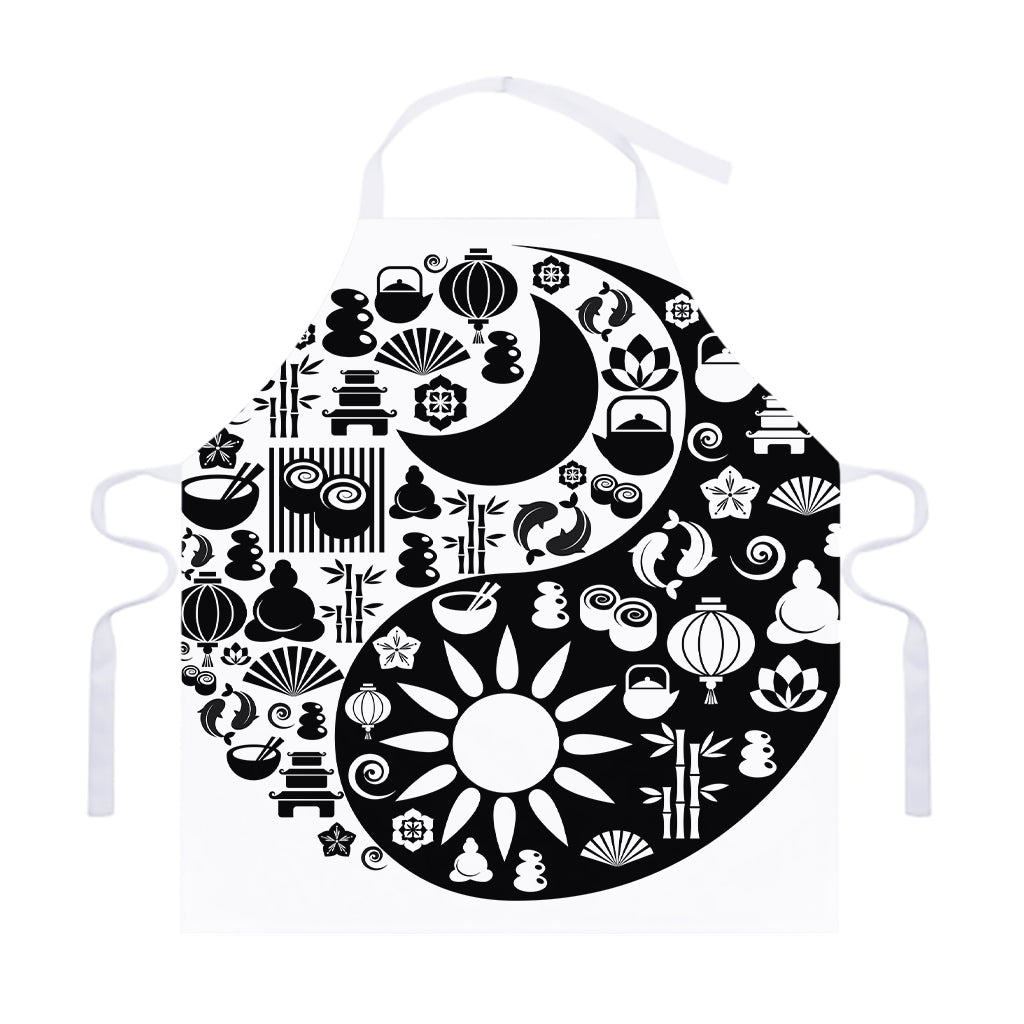 Black And White Japanese Yin Yang Print Adjustable Apron