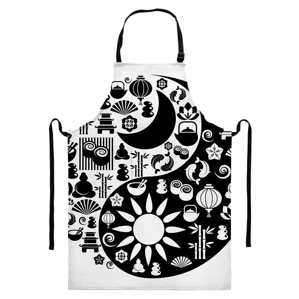 Black And White Japanese Yin Yang Print Bib Apron With Pocket