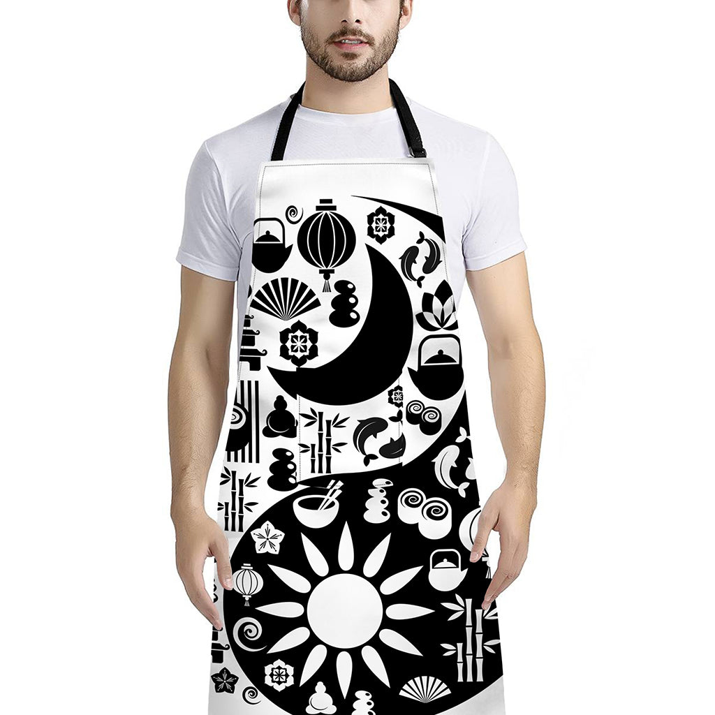 Black And White Japanese Yin Yang Print Bib Apron With Pocket