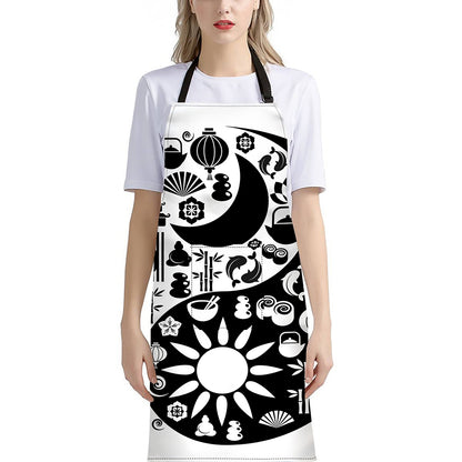 Black And White Japanese Yin Yang Print Bib Apron With Pocket