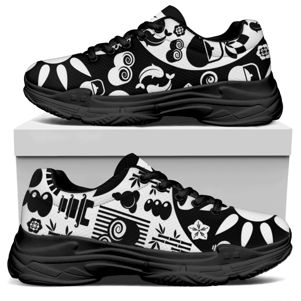 Black And White Japanese Yin Yang Print Black Chunky Shoes