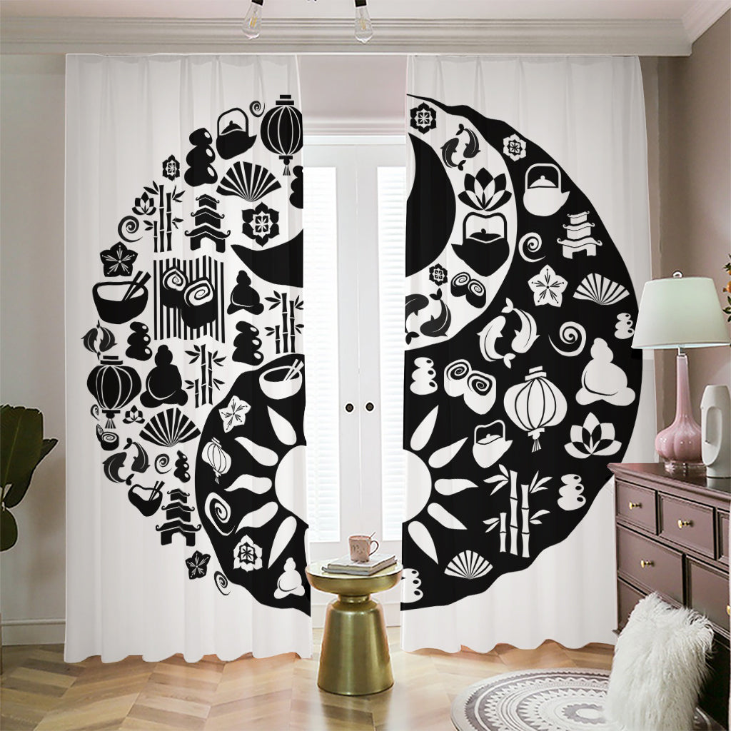 Black And White Japanese Yin Yang Print Blackout Pencil Pleat Curtains