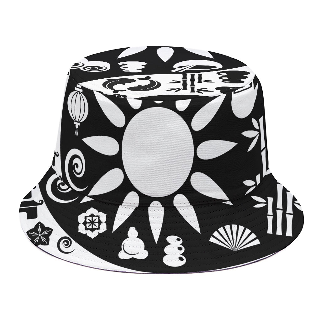 Black And White Japanese Yin Yang Print Bucket Hat
