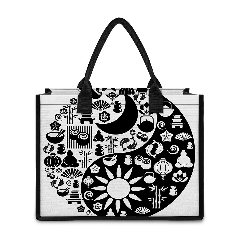 Black And White Japanese Yin Yang Print Canvas Tote Bag