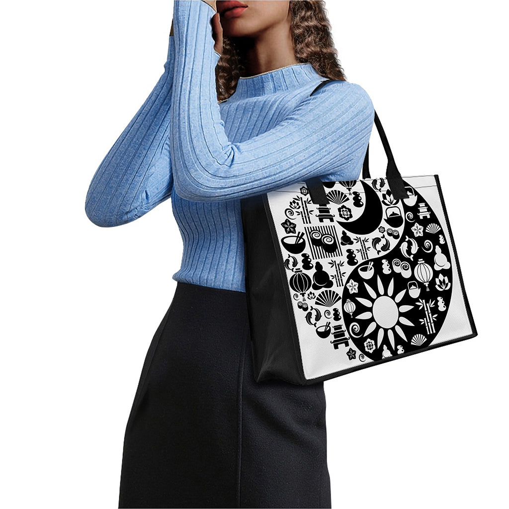 Black And White Japanese Yin Yang Print Canvas Tote Bag