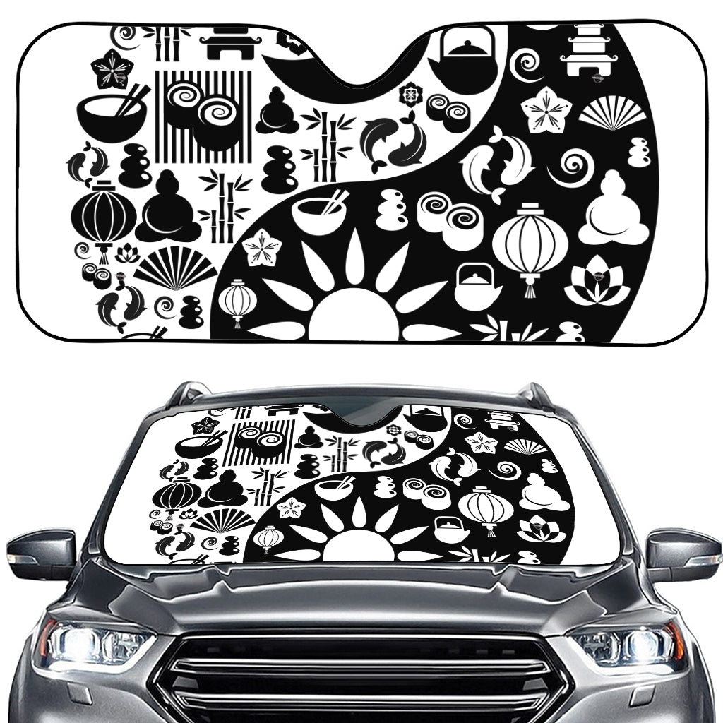Black And White Japanese Yin Yang Print Car Windshield Sun Shade